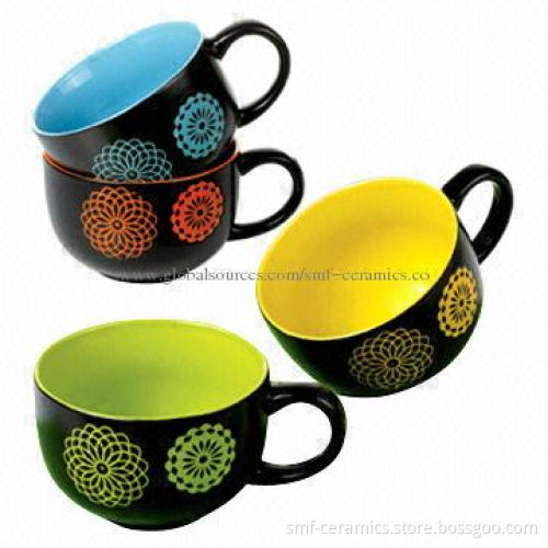 16oz Ceramic Mugs with Glazed Inside and Hand Painting Outside, FDA/PROP65